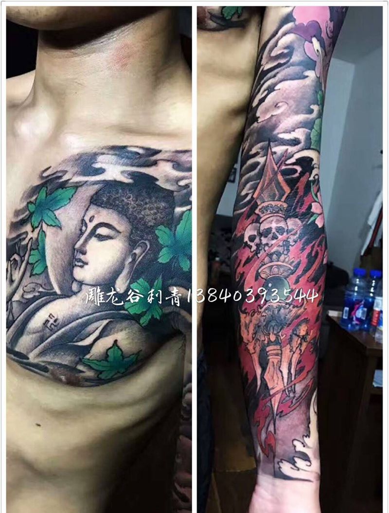 ”彩色花臂加前胸纹身图片