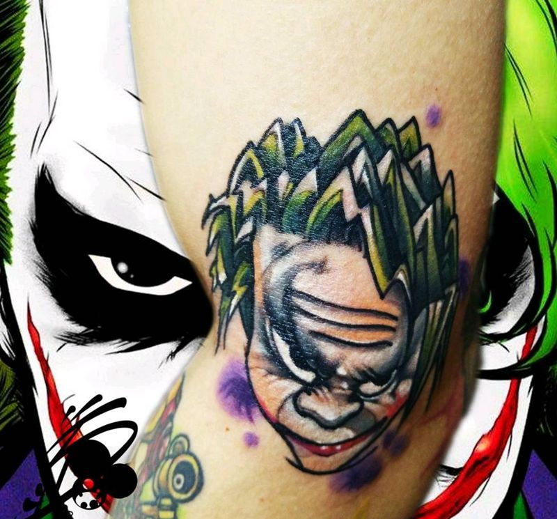 原创小丑纹身图片_手臂New School蝙蝠侠小丑希斯莱杰纹身图案