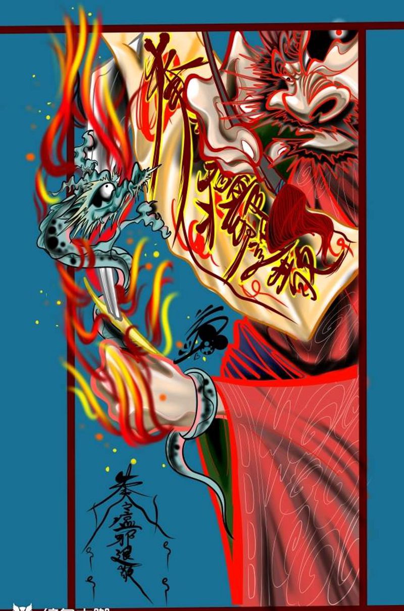 瘟邪退散纹身图片_背部New School钟馗纹身图案