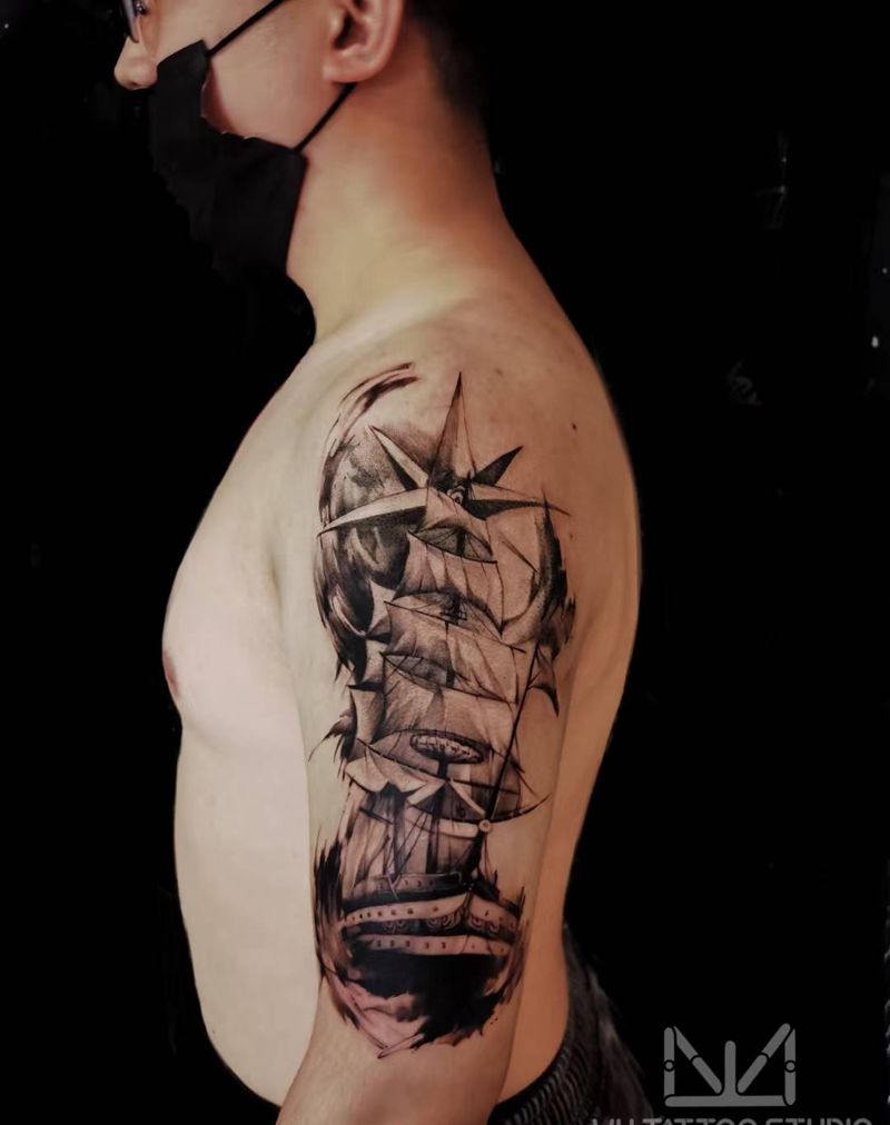 文一一作品 水墨帆船纹身图片_手臂水墨纹身图案