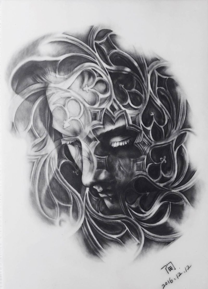 《圣母》纹身图片_肩部胸部腰部背部手臂腿部欧美肖像写实人物纹身图案