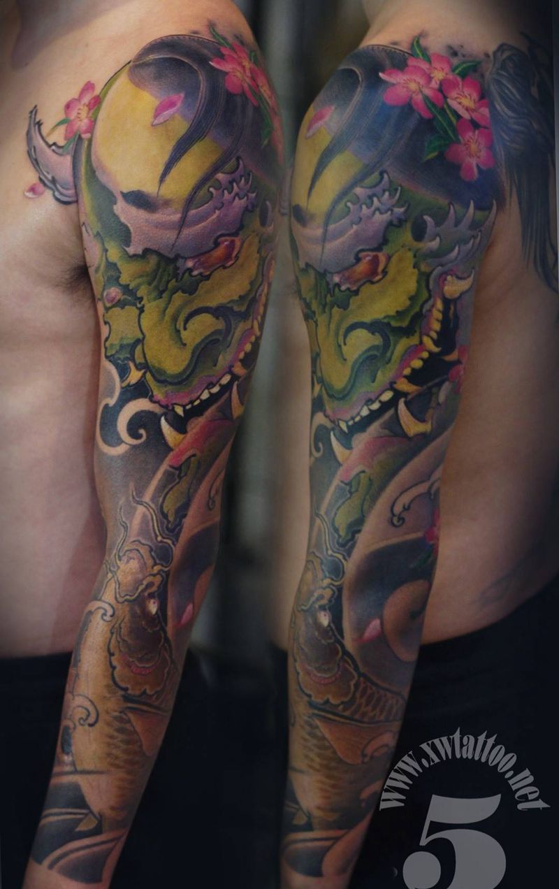 般若花臂-武非纹身图片_小伟刺青鬼神传统手臂成品纹身图案