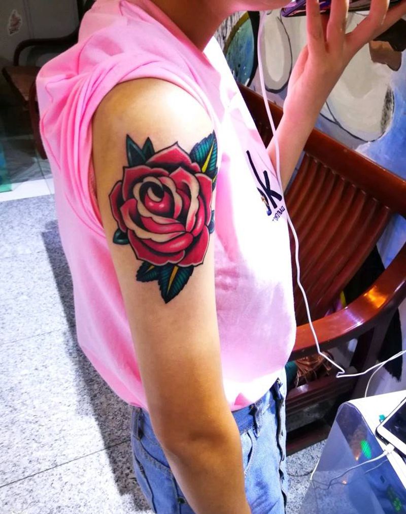 玫瑰花纹身图片_肩部胸部背部腿部欧美传统植物原创成品手稿纹身图案