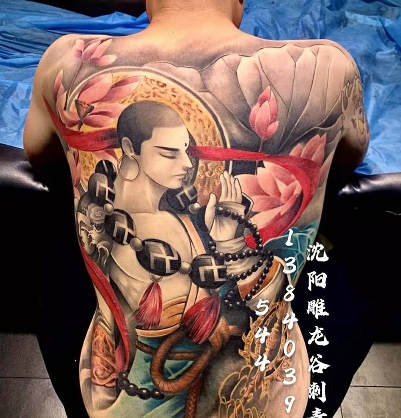 雕龙谷刺青静心达摩纹身图片_背部新传统纹身图案