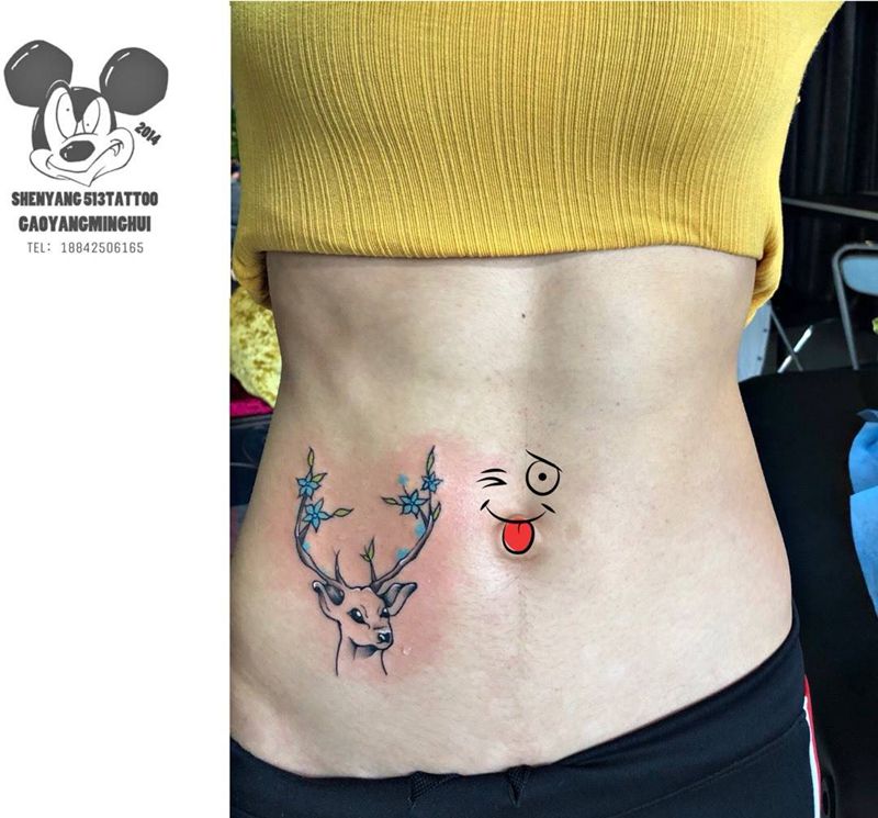 小清新鹿纹身图片_成品腹部清新动物原创纹身图案