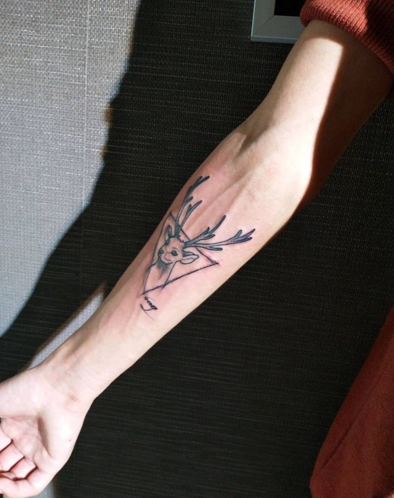小清新鹿纹身图片_手臂清新几何字符动物原创成品纹身图案