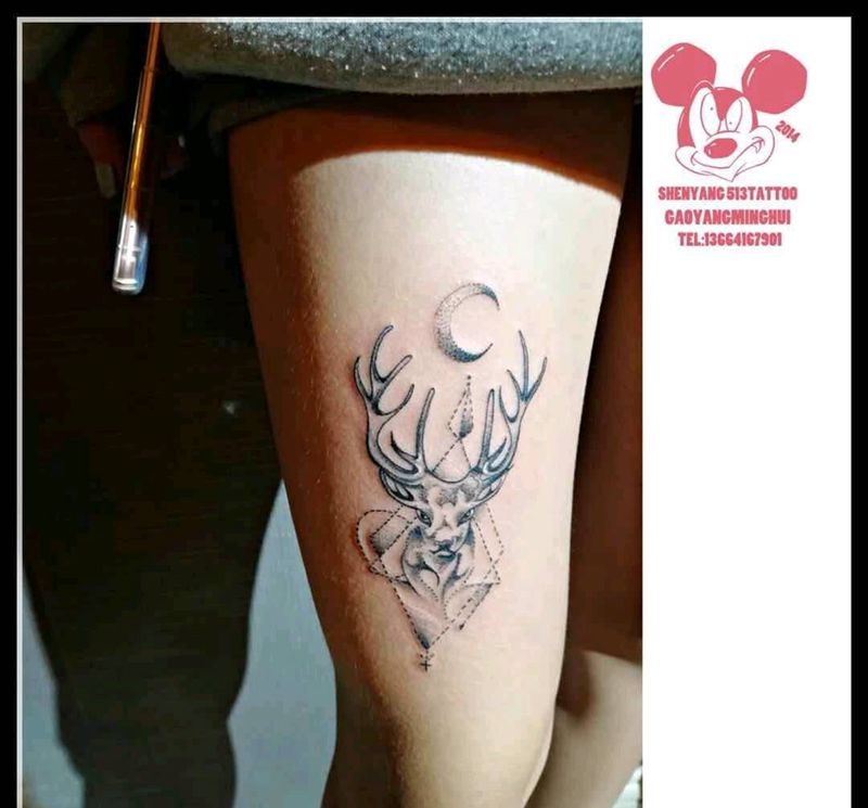 点刺鹿纹身图片_腿部欧美清新动物成品纹身图案