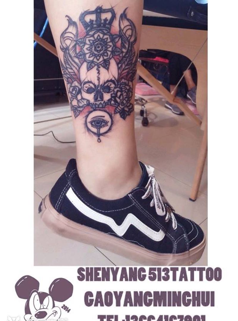 修改作品纹身图片_腿部欧美植物鬼神成品纹身图案