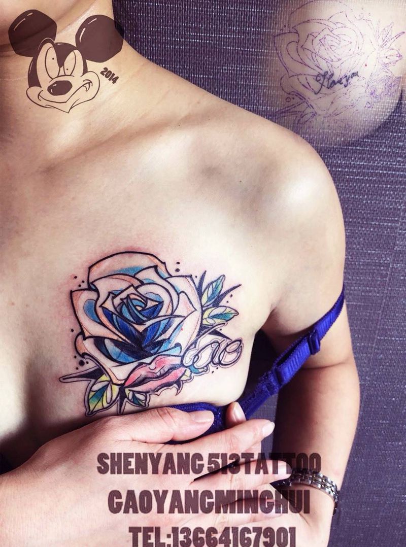 遮盖作品纹身图片_成品胸部欧美清新贴纸字符人物植物静物原创纹身图案