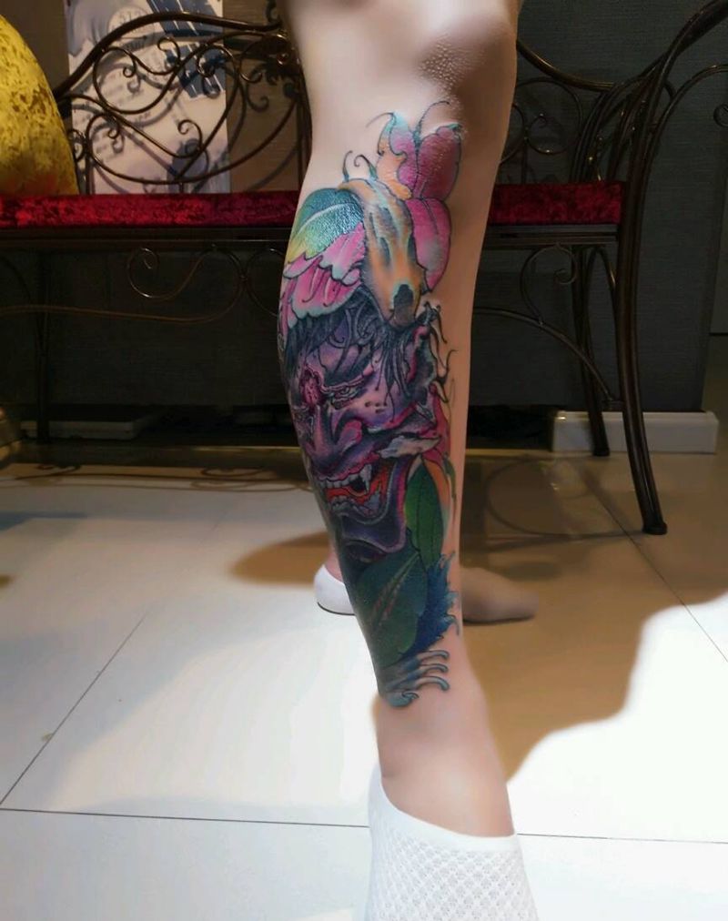 遮盖作品未完纹身图片_传统植物鬼神原创成品纹身图案