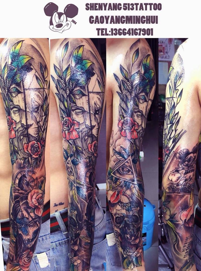 花臂遮盖作品纹身图片_成品手臂欧美清新动物人物鬼神植物字符原创纹身图案