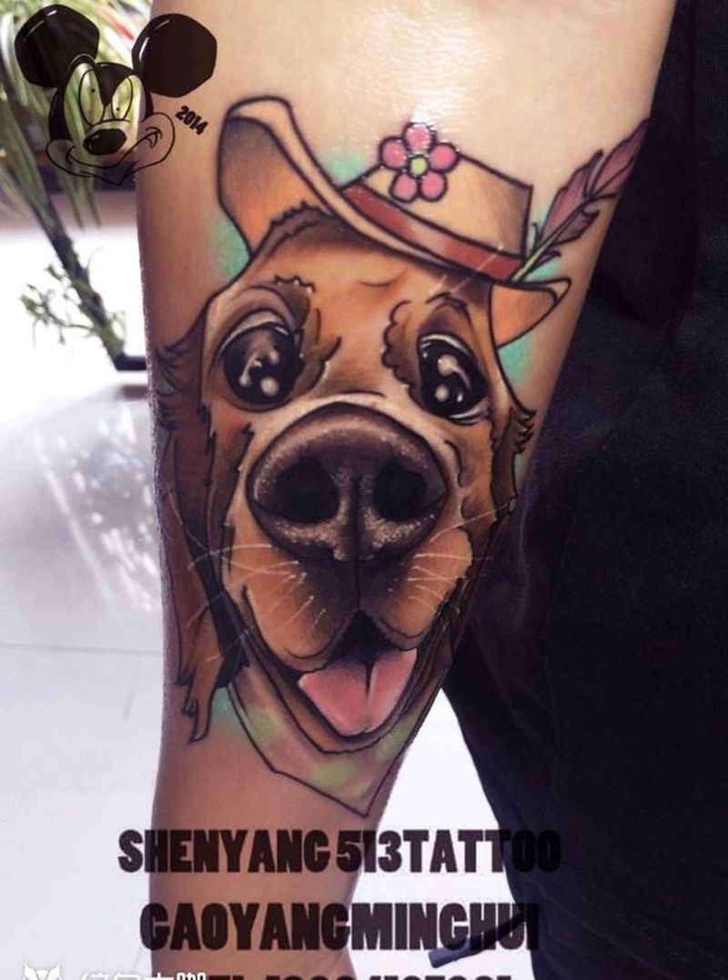 原创金毛犬纹身图片_手臂欧美清新写实动物植物原创成品纹身图案