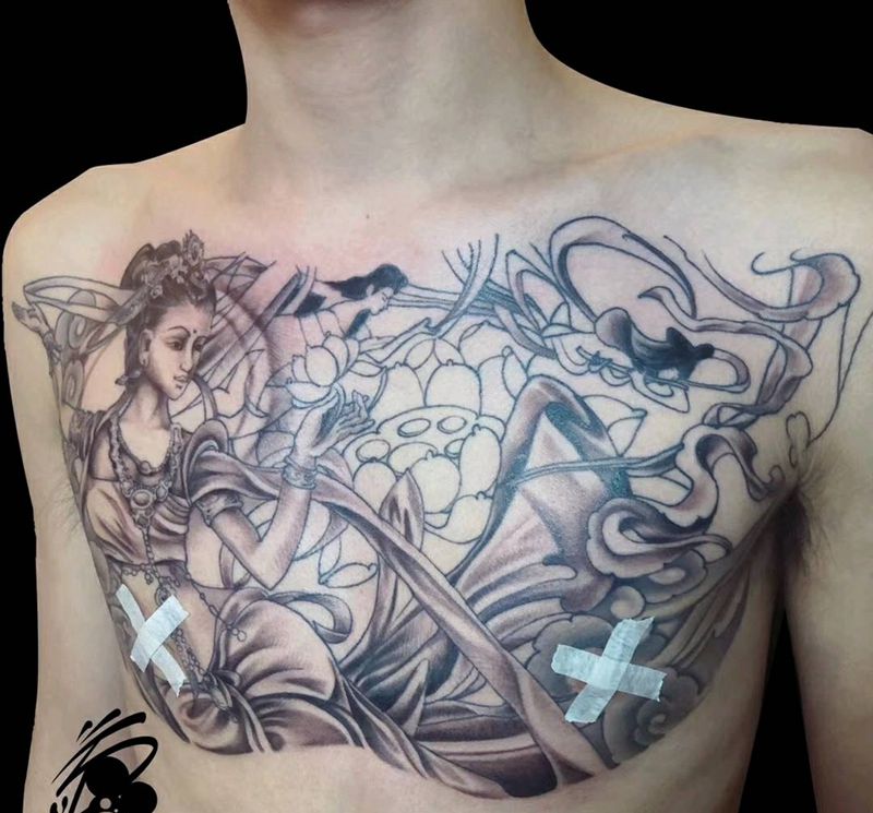 敦煌飞天图纹身图片_胸部新传统飞天敦煌人物纹身图案