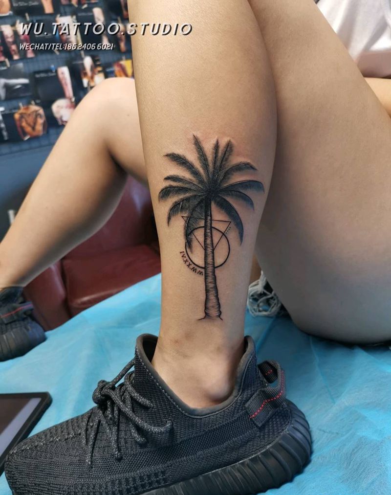棕榈树纹身图片_腿部纹身图案