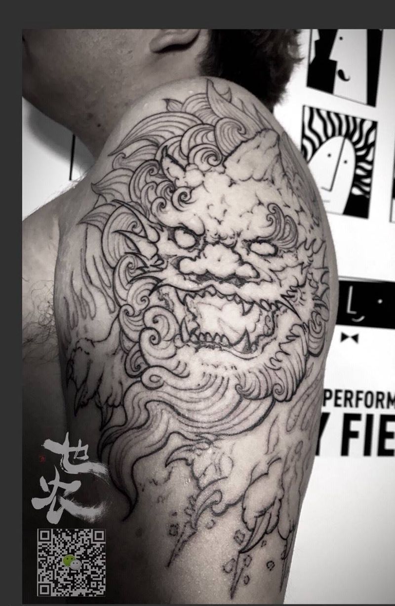 新传统唐狮（未完）by一农纹身图片_成品手臂传统鬼神动物也农刺青纹身图案