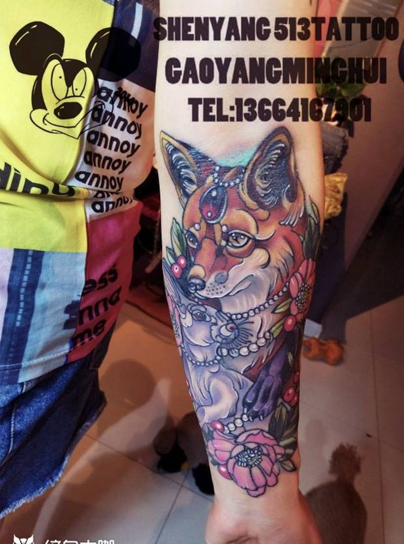 school狐狸纹身图片_手臂欧美动物植物成品纹身图案