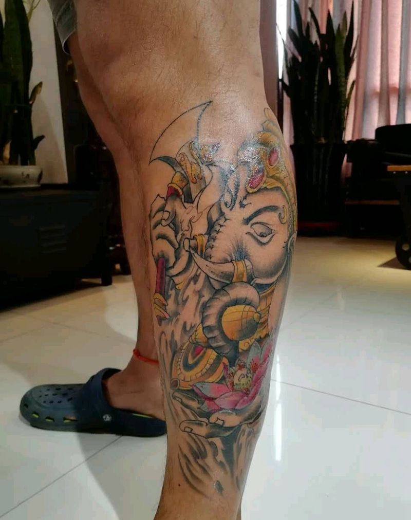 小腿象神 未完成纹身图片_腿部传统静物鬼神成品纹身图案