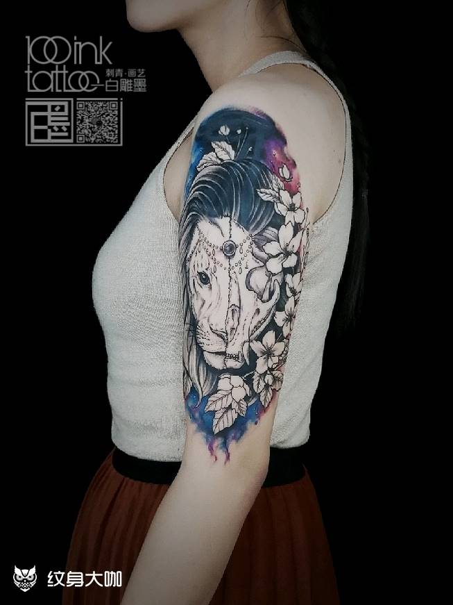 清新遮盖图腾纹身图片_手臂狮子花纹身图案