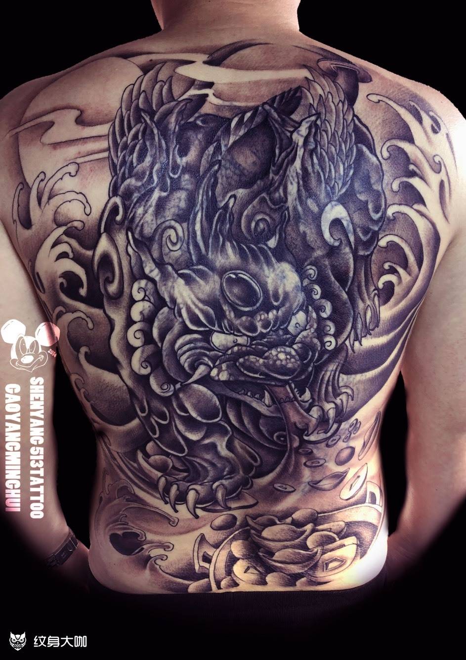 遮盖纹身图片_背部新传统貔貅遮盖纹身图案