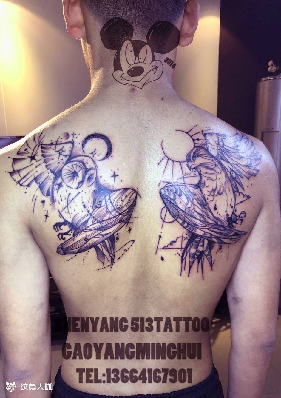 日月纹身图片_背部点刺猫头鹰鹰日月纹身图案