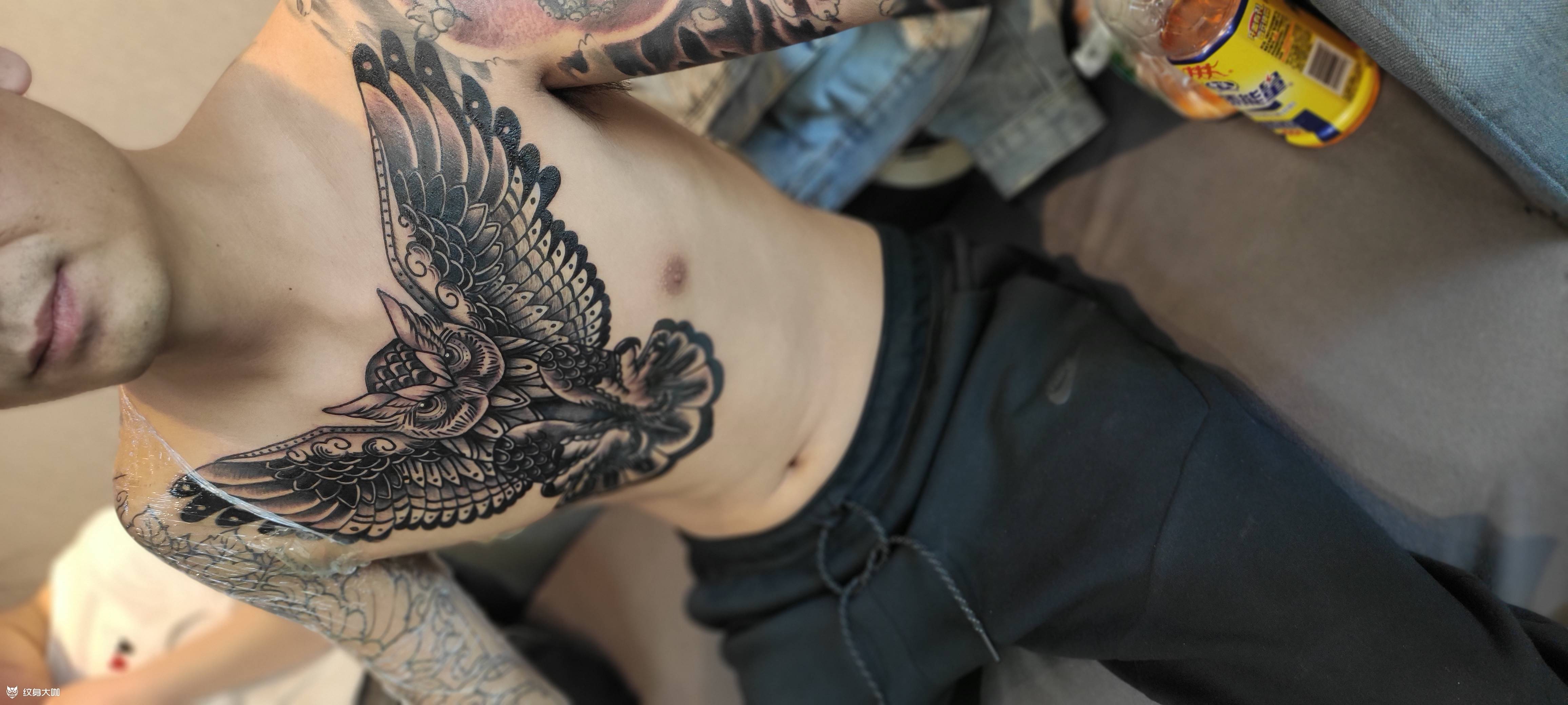 猫头鹰花胸纹身图片_胸部Old School纹身图案