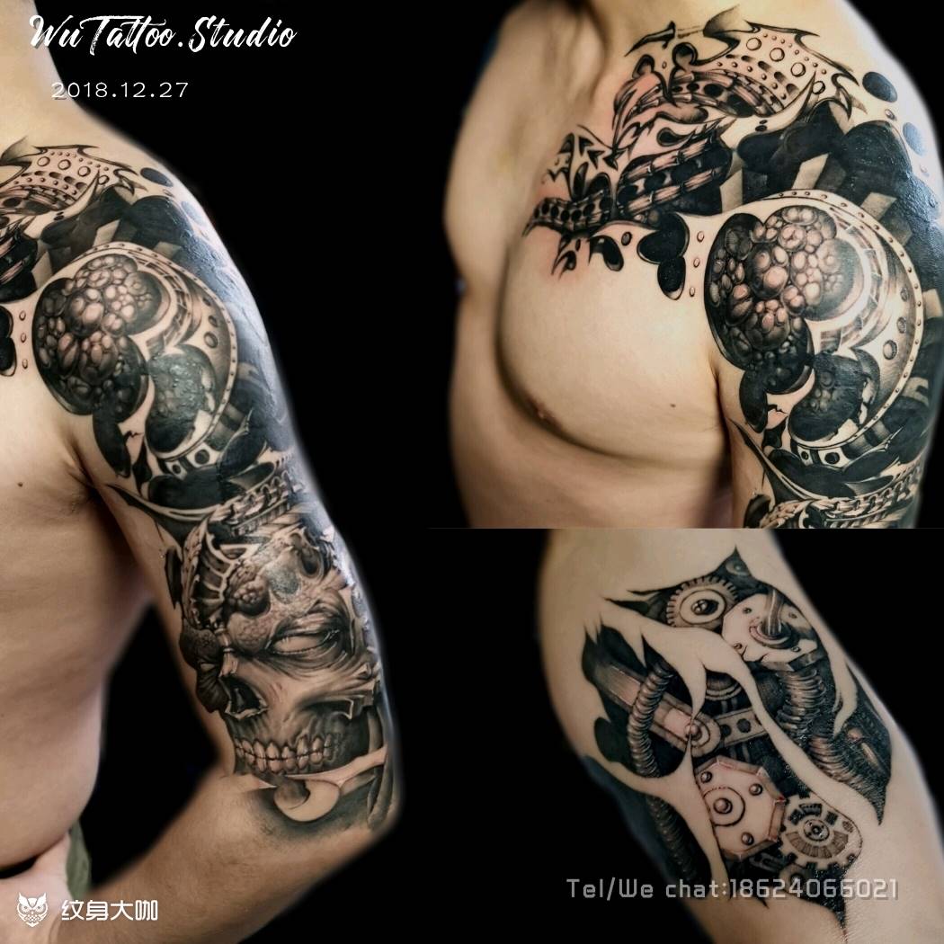 30个小时左右  遮盖生化机械纹身图片_肩部胸部欧美写实纹身图案