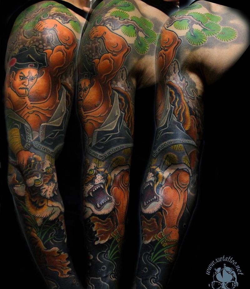 伟BOSS原创武松打虎纹身图片_小伟刺青花臂纹身图案