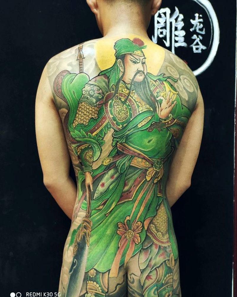 彩色关云长纹身图片_背部臀部新传统纹身图案