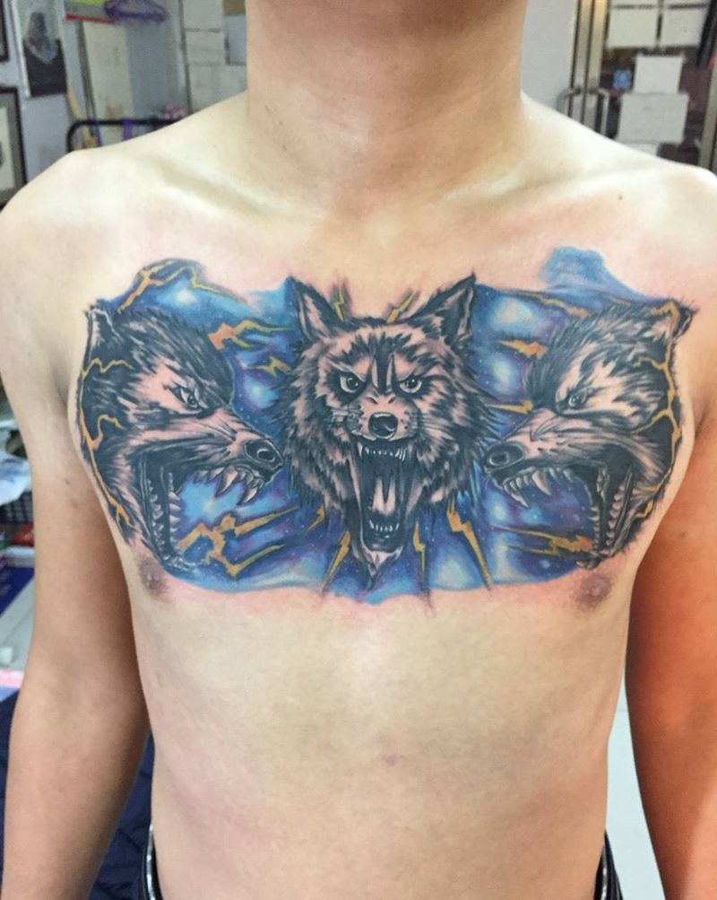 顾客自己设计的三面狼纹身图片_成品胸部欧美动物纹身图案