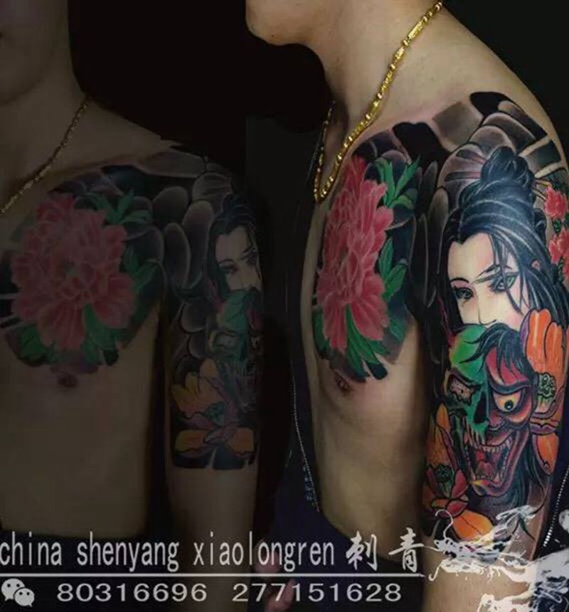 半甲纹身纹身图片_成品胸部手臂传统人物宗教纹身图案