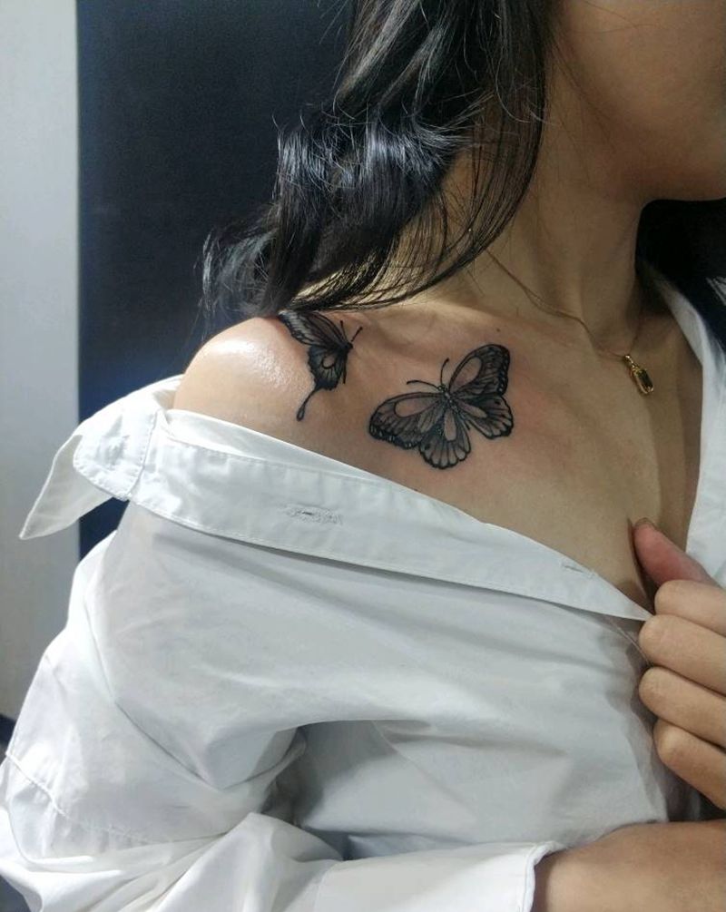 蝴蝶美女纹身图片_肩部新传统纹身图案