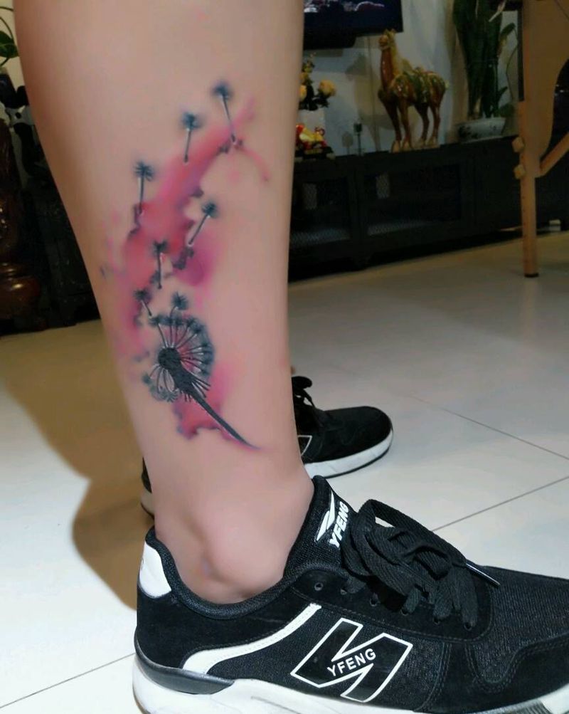 原创蒲公英纹身图片_腿部清新植物静物原创成品纹身图案