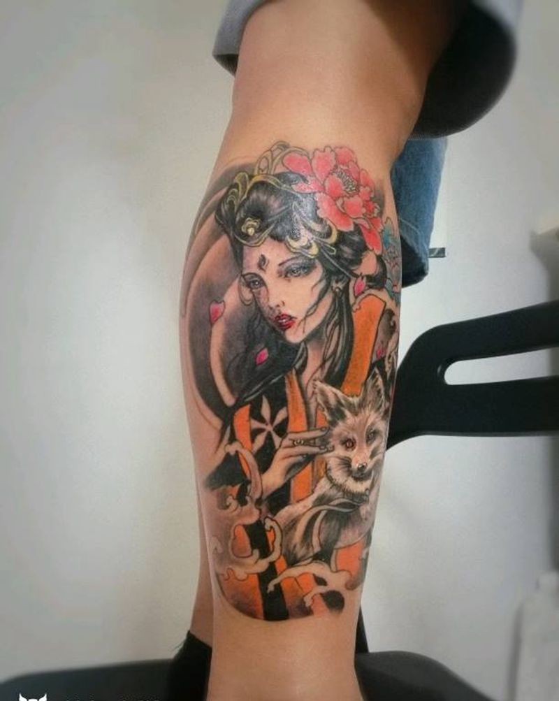 艺妓纹身图片_腿部新传统老传统艺妓人物纹身图案