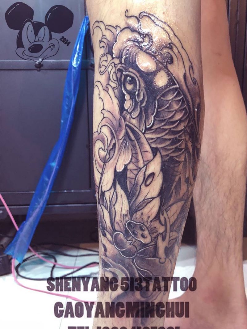 遮盖作品纹身图片_成品腿部传统动物纹身图案