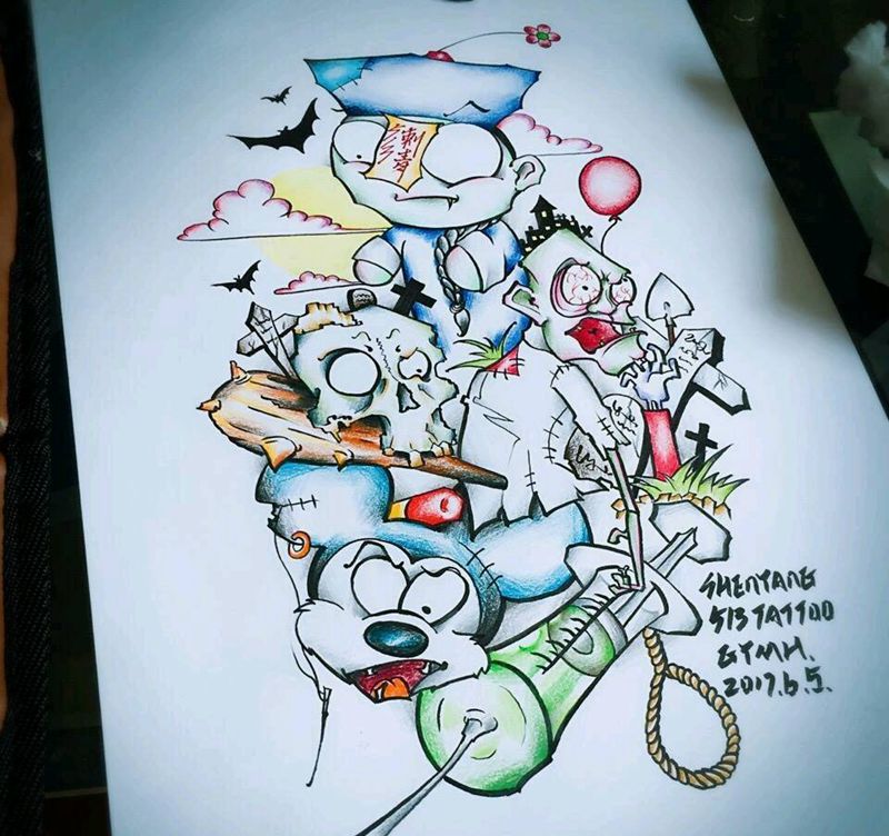 原创纹身图片_欧美清新贴纸字符动物人物鬼神原创手稿插画纹身图案