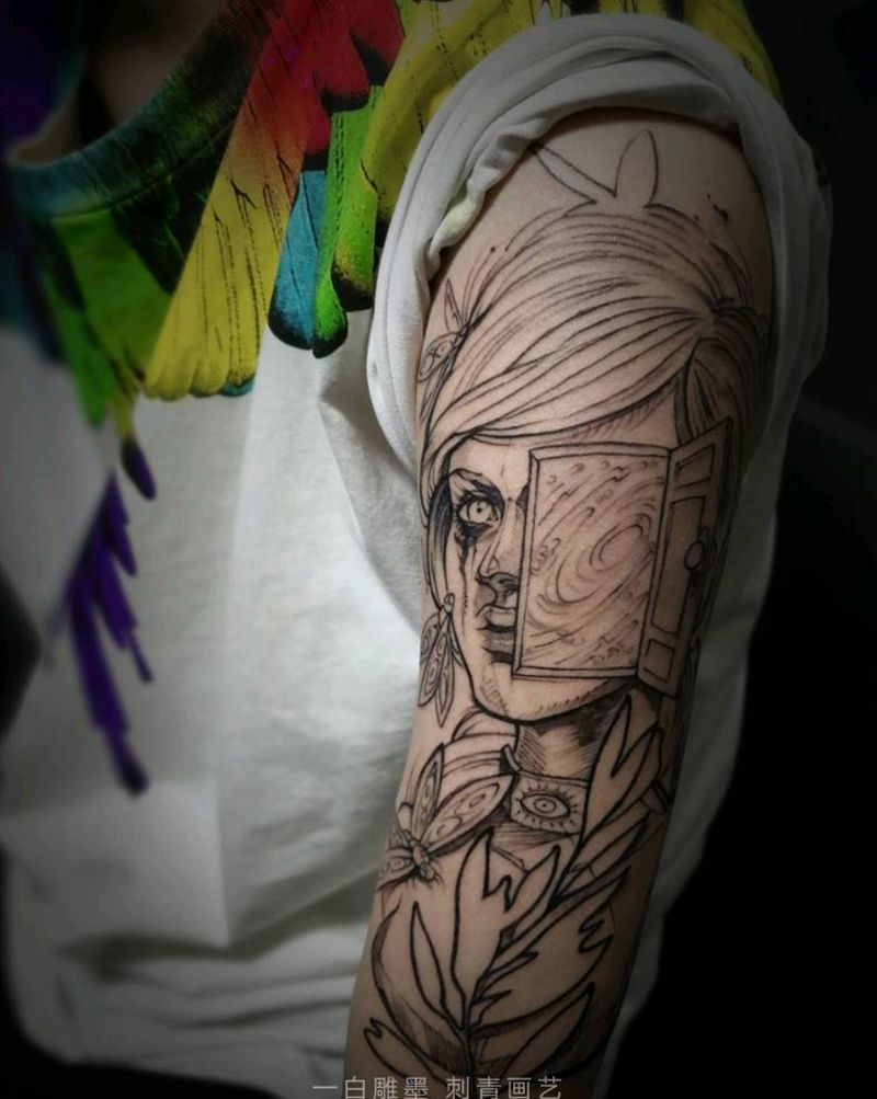 大臂（未完待续）纹身图片_手臂欧美人物植物成品纹身图案