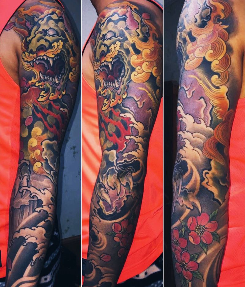 唐狮花臂纹身图片_手臂新传统小伟刺青纹身图案