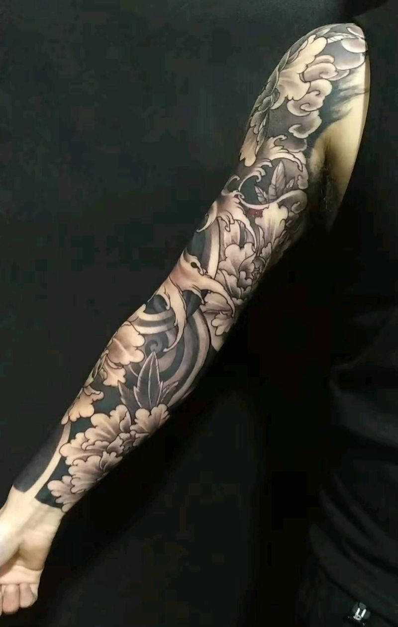 谷主家原创牡丹花臂纹身图片_手臂新传统纹身图案