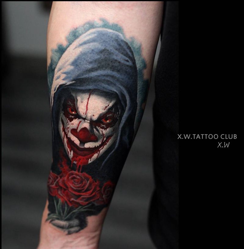 彩色写实小丑-伟boss纹身图片_手臂欧美写实小伟刺青纹身图案