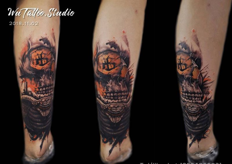 今工 遮盖纹身图片_腿部欧美写实纹身图案