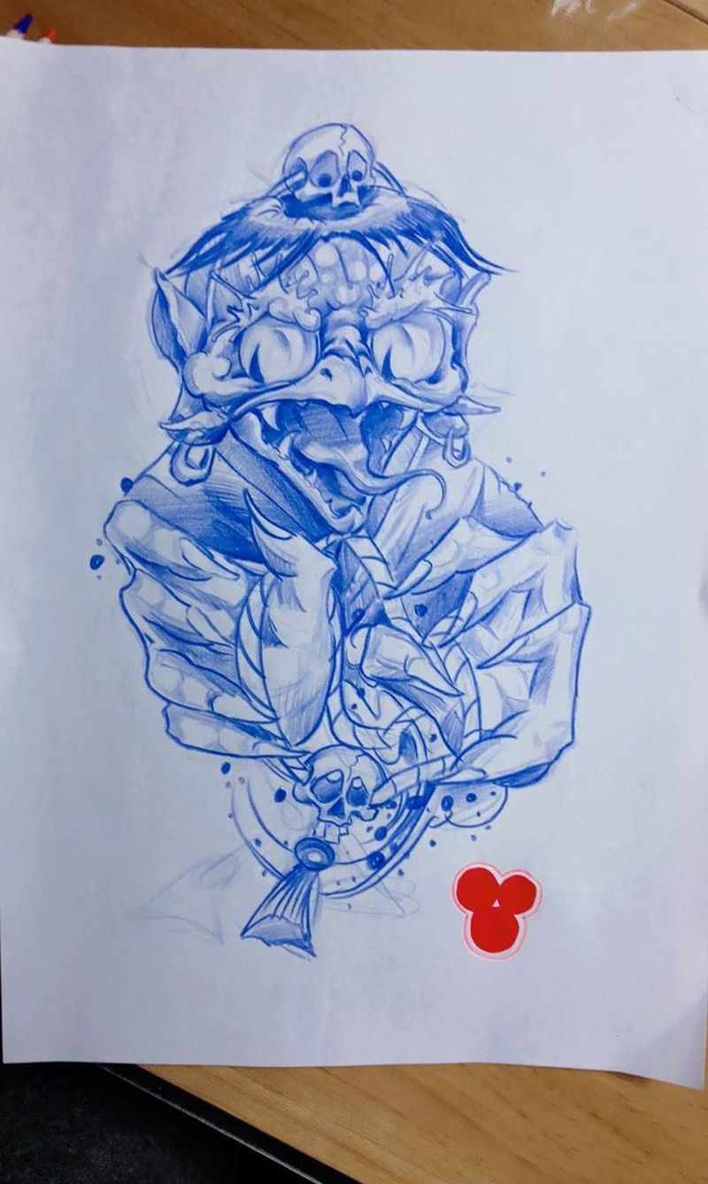 原创河童纹身图片_手臂腿部新传统河童骷髅原创纹身图案