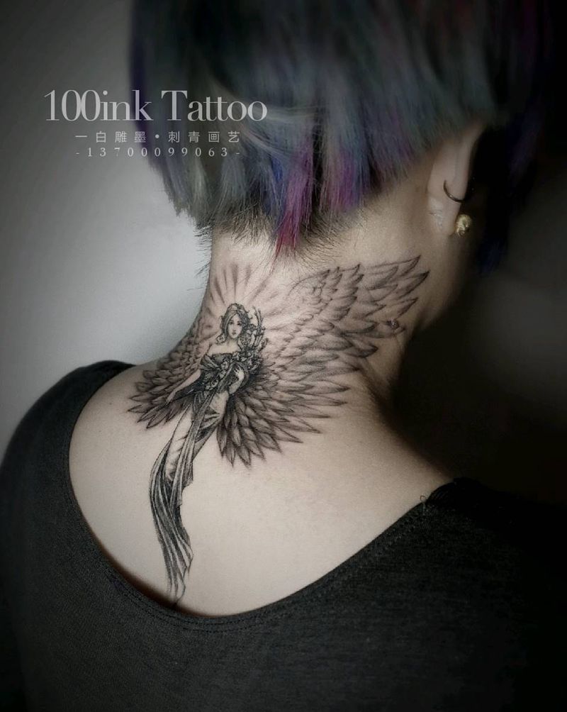 守护天使纹身图片_颈部欧美写实女神天使纹身图案
