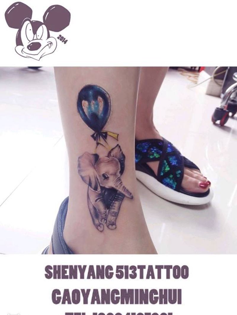 小清新象纹身图片_腿部清新动物成品纹身图案