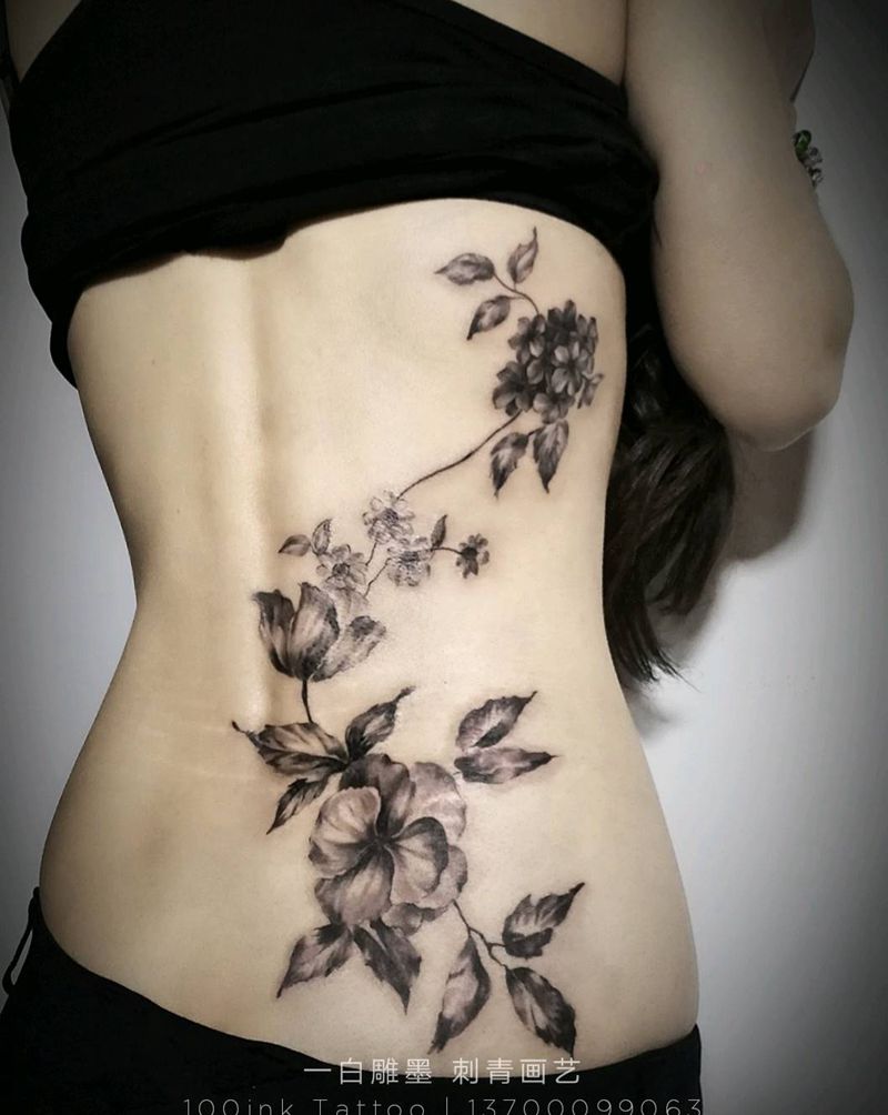 腰肢妖娆花枝绕纹身图片_腰部背部国画植物成品纹身图案