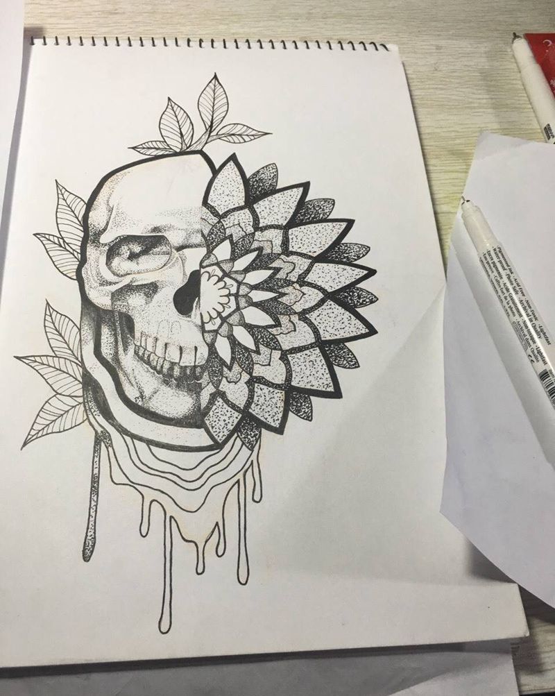 《点刺骷髅》手稿纹身图片_手稿腿部手臂背部腰部胸部肩部欧美鬼神植物纹身图案