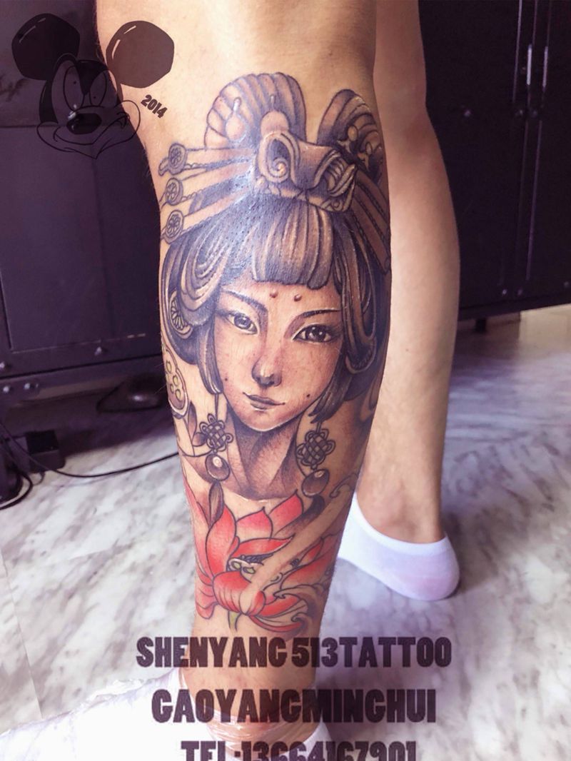 艺妓纹身图片_腹部新传统艺妓仕女人物纹身图案