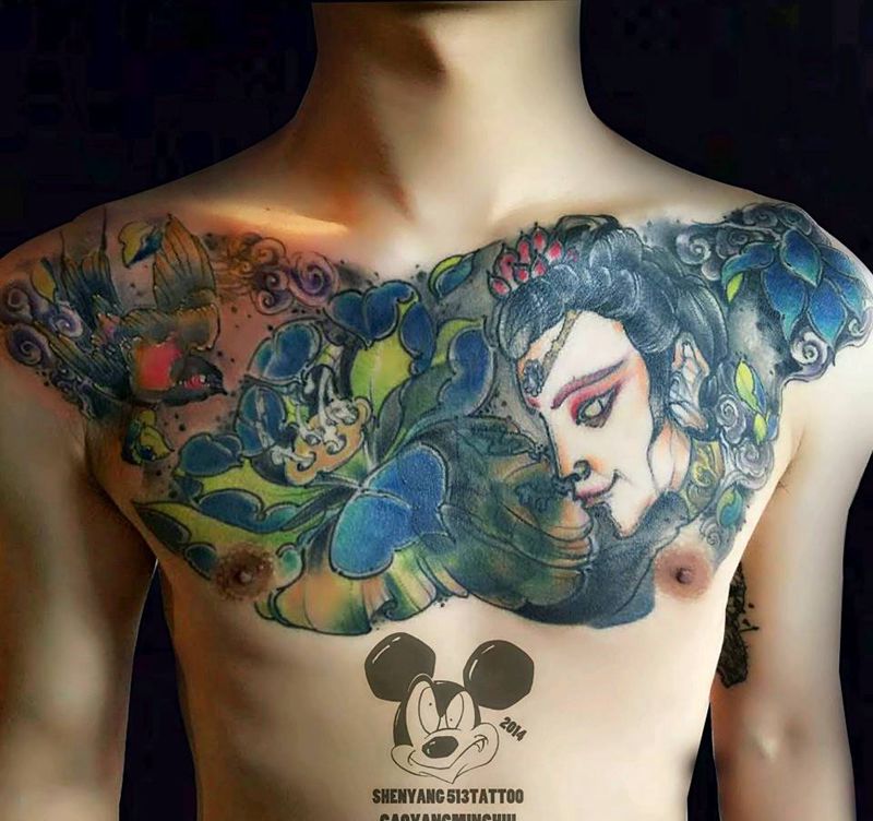 遮盖作品纹身图片_胸部传统动物人物静物原创成品纹身图案