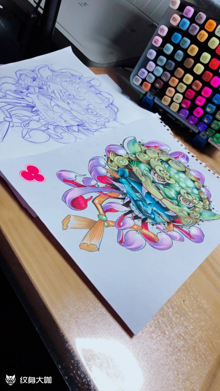 唐狮帽纹身图片_手臂脚部新传统唐狮般若帽子纹身图案