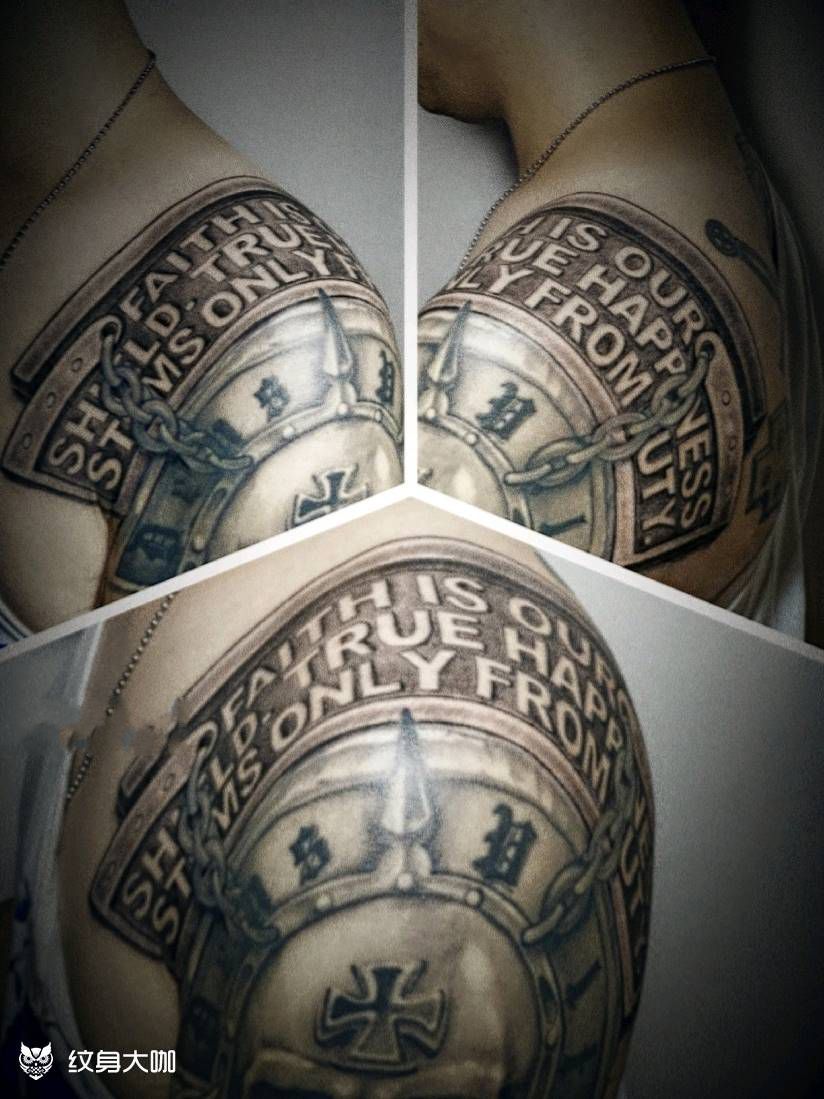 接金属质感肩甲（未完成）纹身图片_肩部欧美写实字符纹身图案