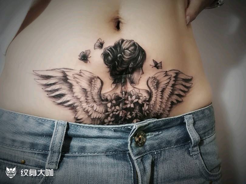 小腹天使纹身图片_腹部欧美肖像写实人物原创成品纹身图案